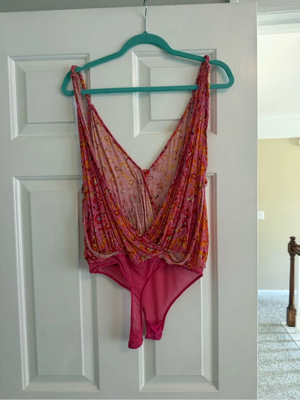 Free People Pink Floral V-Neck Bodysuit